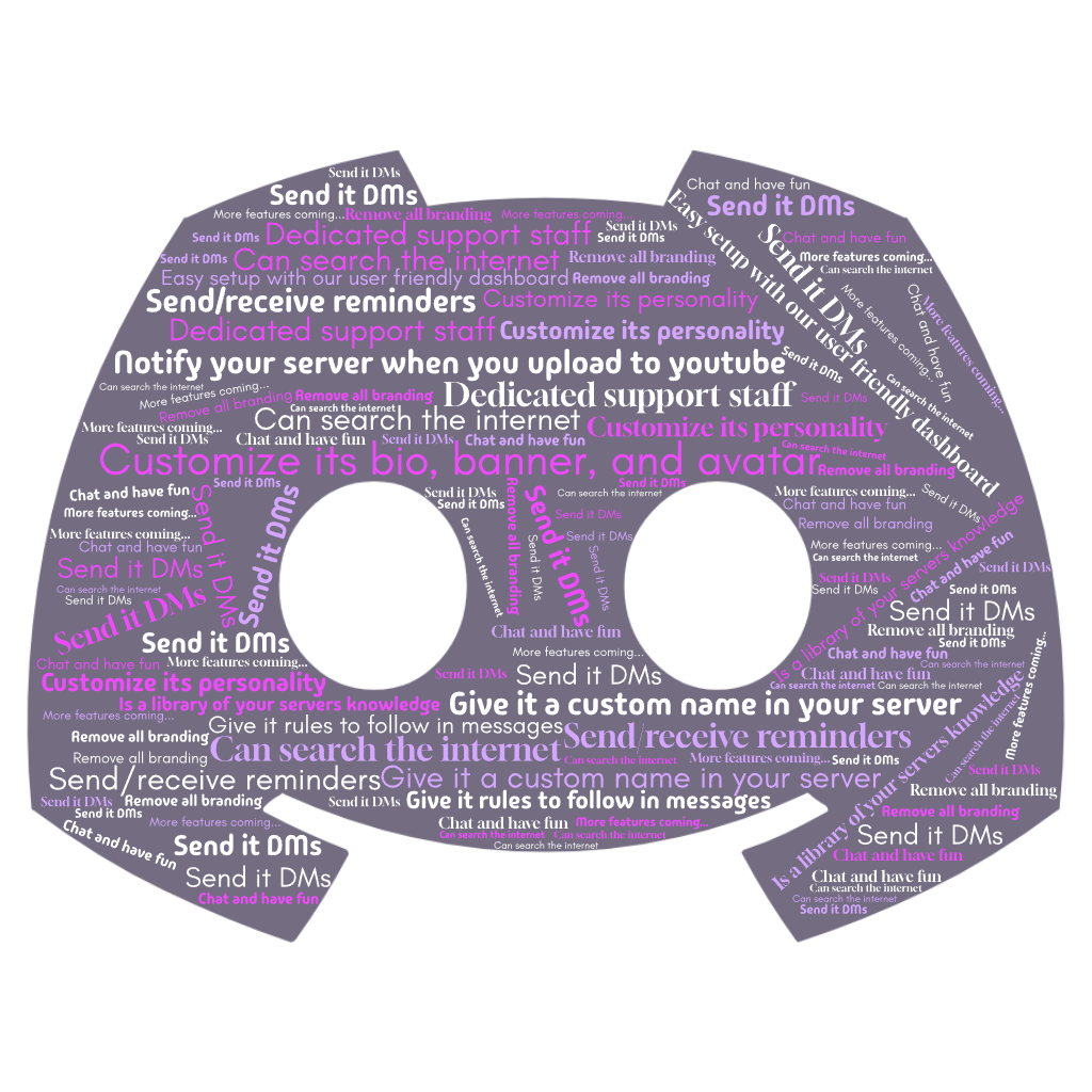 TheSmartBot feature word cloud: customizable bio, banner and avatar, Gemini integration, reminders, YouTube notifications, server knowledge, DMs, support staff, and more.